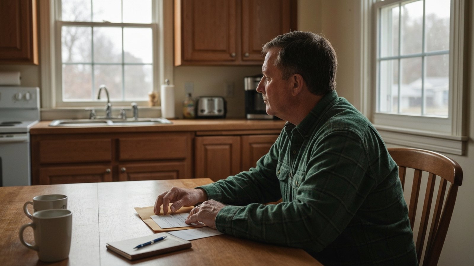A man at a kitchen table early in the morning, looking at a bank notice beside his phone and checkbook.