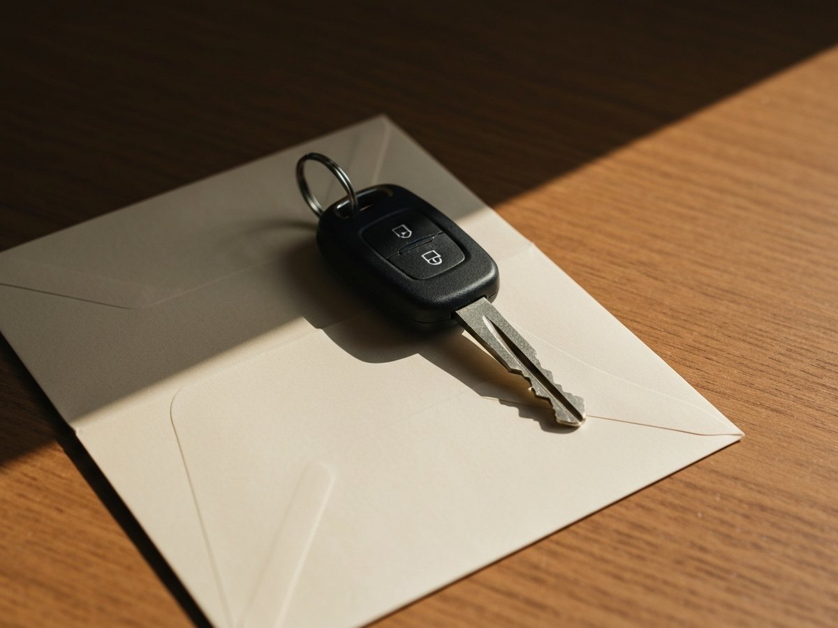 A close view of a car key and fob resting on a wooden table beside a folded blank envelope.