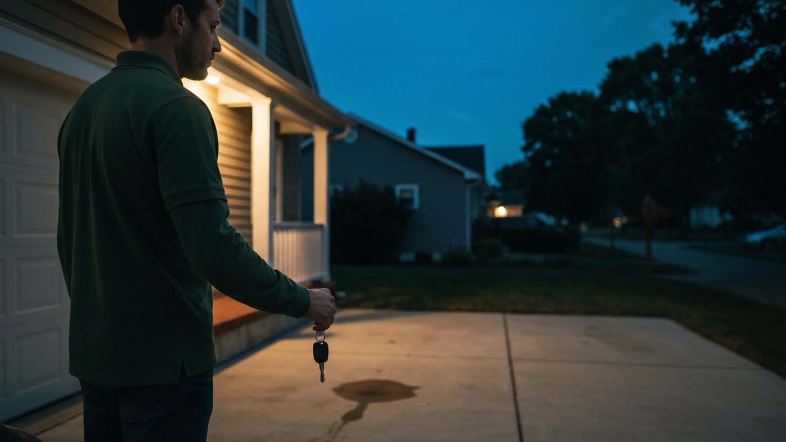 A man standing in his driveway at dusk holding a single car key, looking at the empty space where his car was parked.