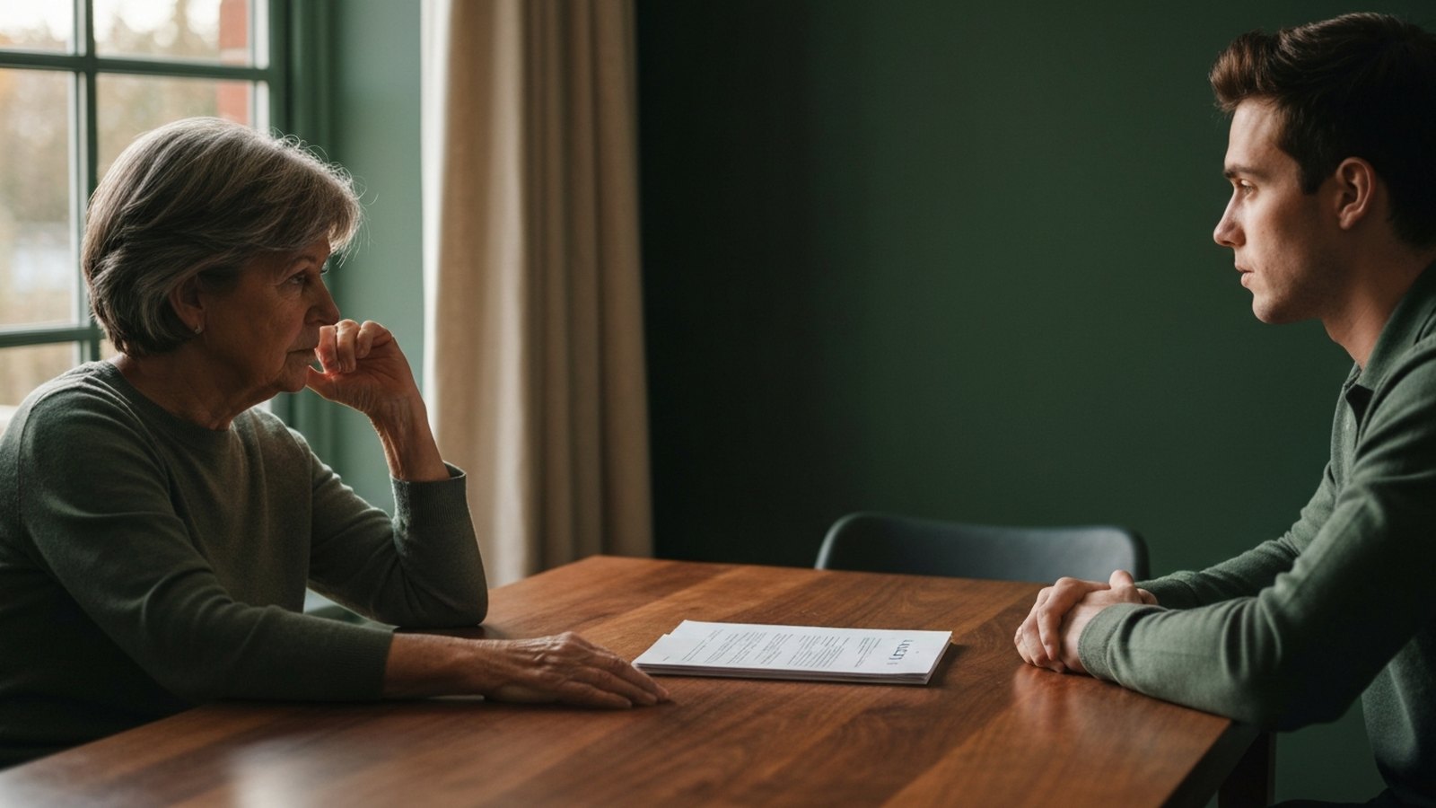 An older woman and a young man at a kitchen table with loan papers between them, her hand resting on the documents.