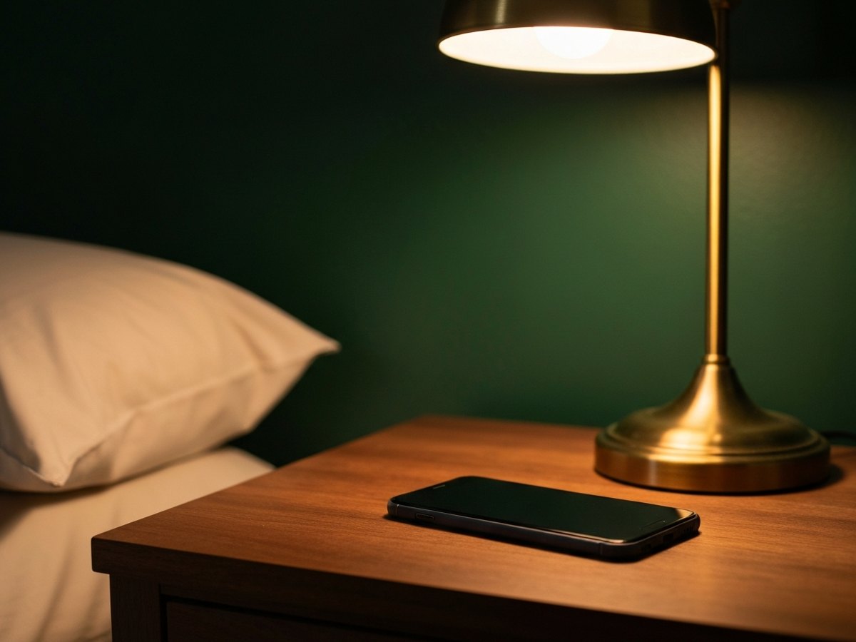 A smartphone lying dark-screened on a walnut nightstand beside a brass lamp glowing in a dim bedroom.