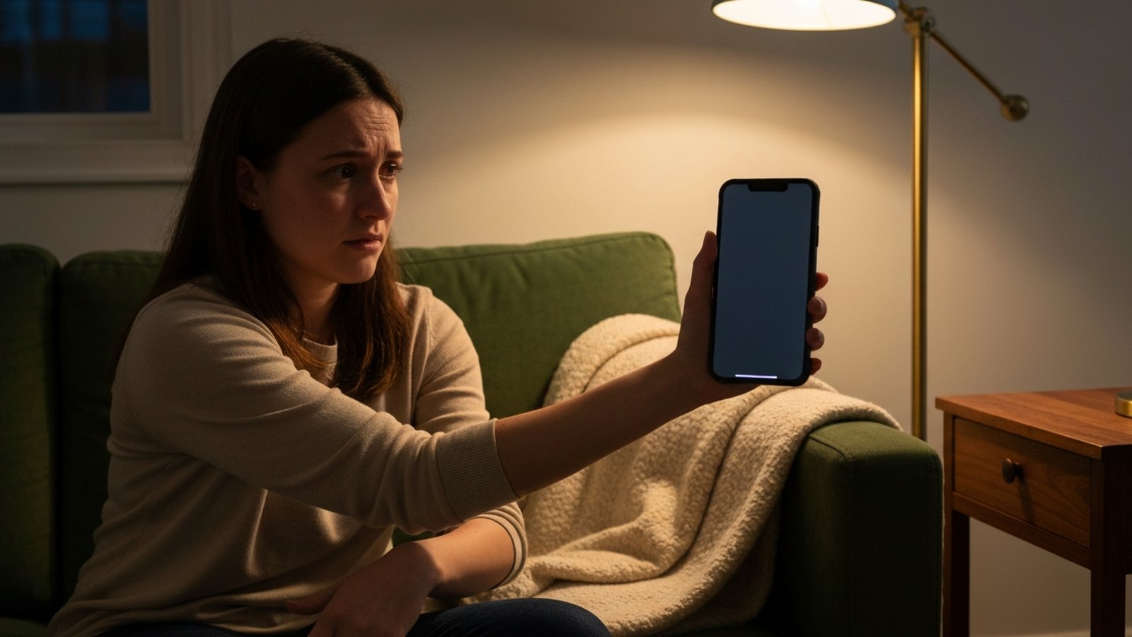 A young woman on a sofa in evening lamplight, holding her phone at arm's length with a wary expression.
