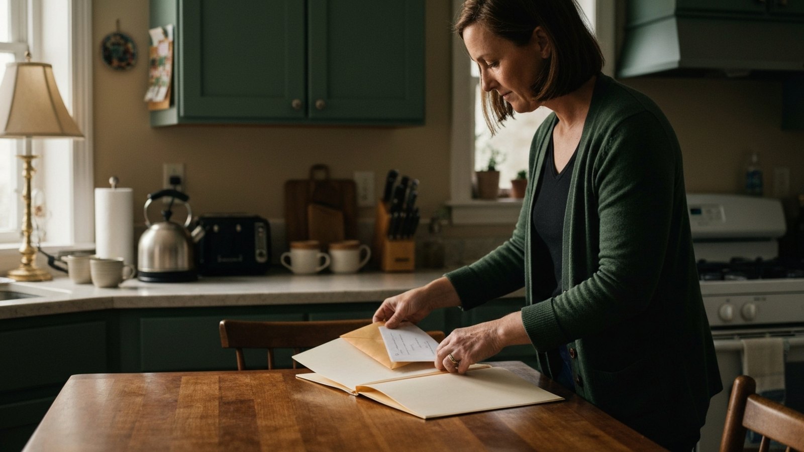 A woman laying out papers and a folder on a kitchen table the evening before a court date.
