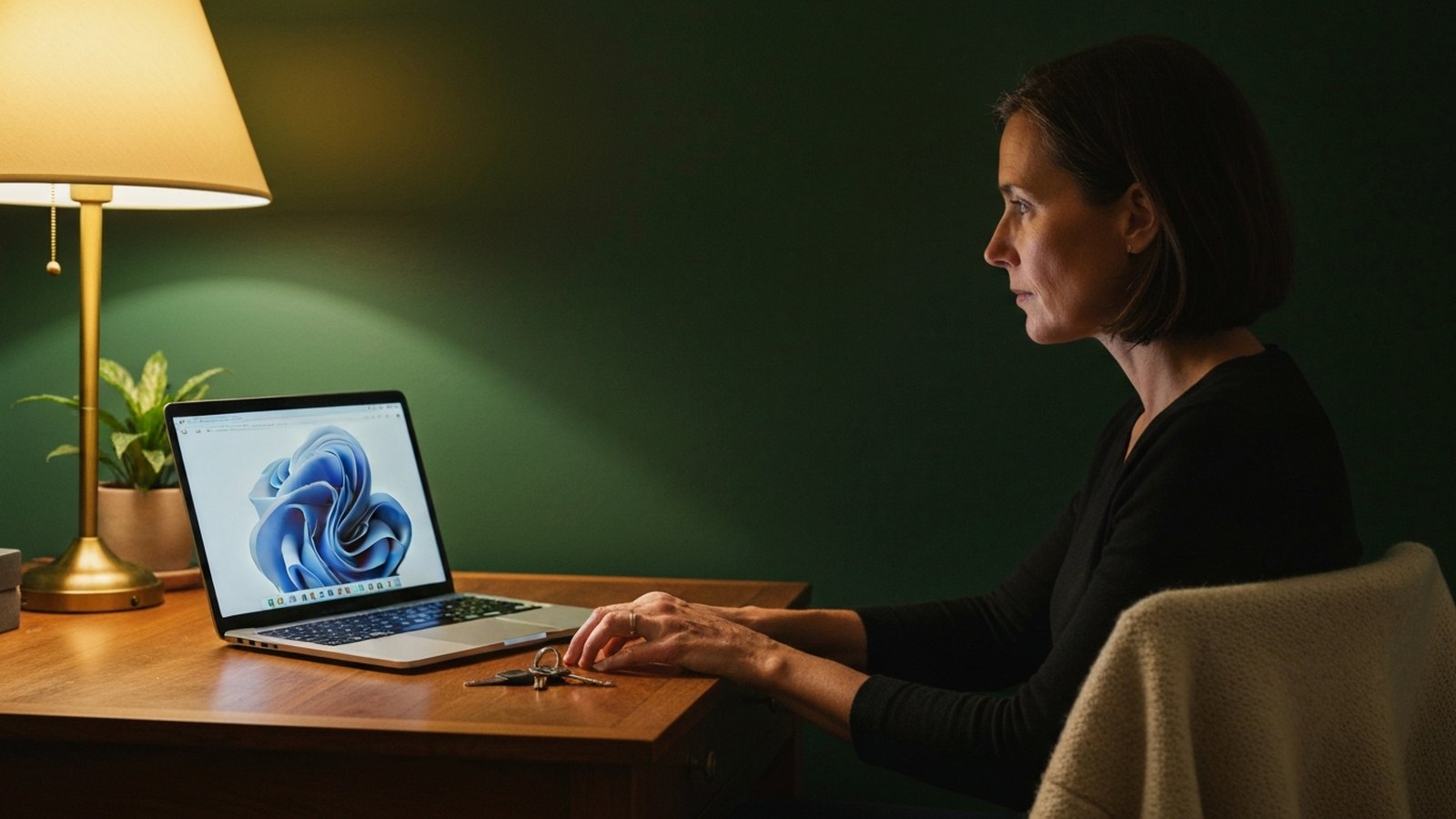 A woman at a desk in lamplight comparing options on a laptop, house keys beside her.