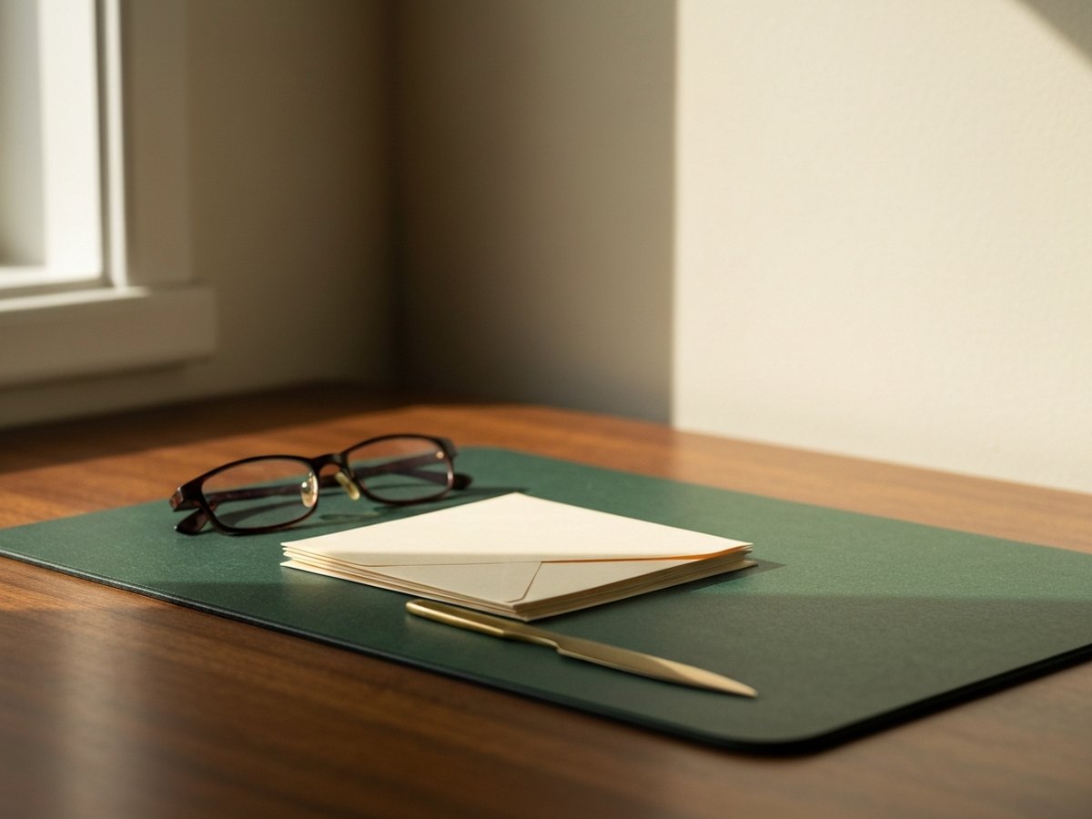 A stack of unopened envelopes beside a pair of reading glasses on a walnut desk in soft window light.