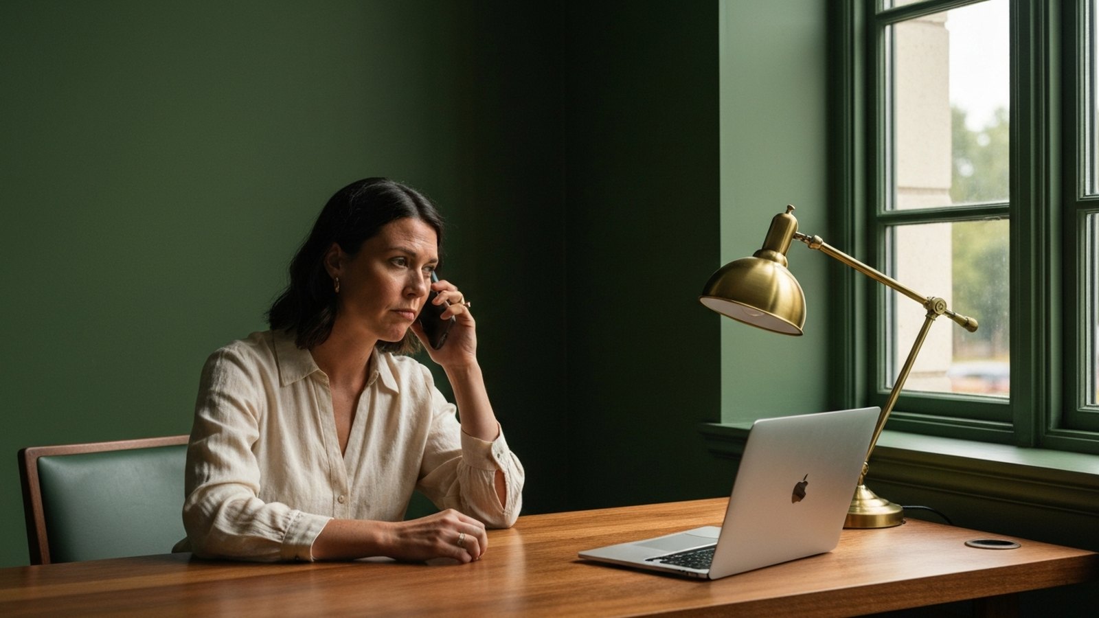 A woman at a desk by a window listening on a phone with a skeptical expression, a closed laptop pushed aside.