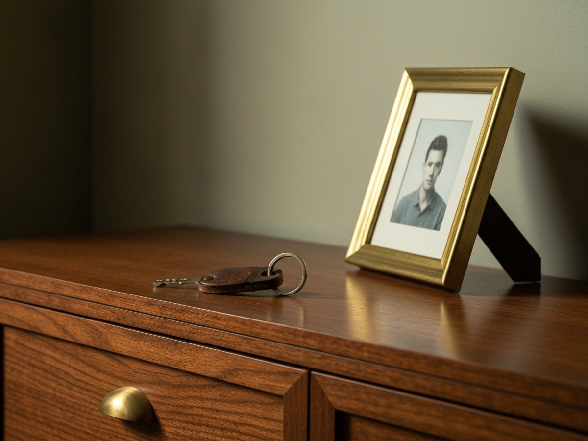A house key on a worn leather keychain resting on a wooden sideboard beside a small framed photograph turned slightly away.