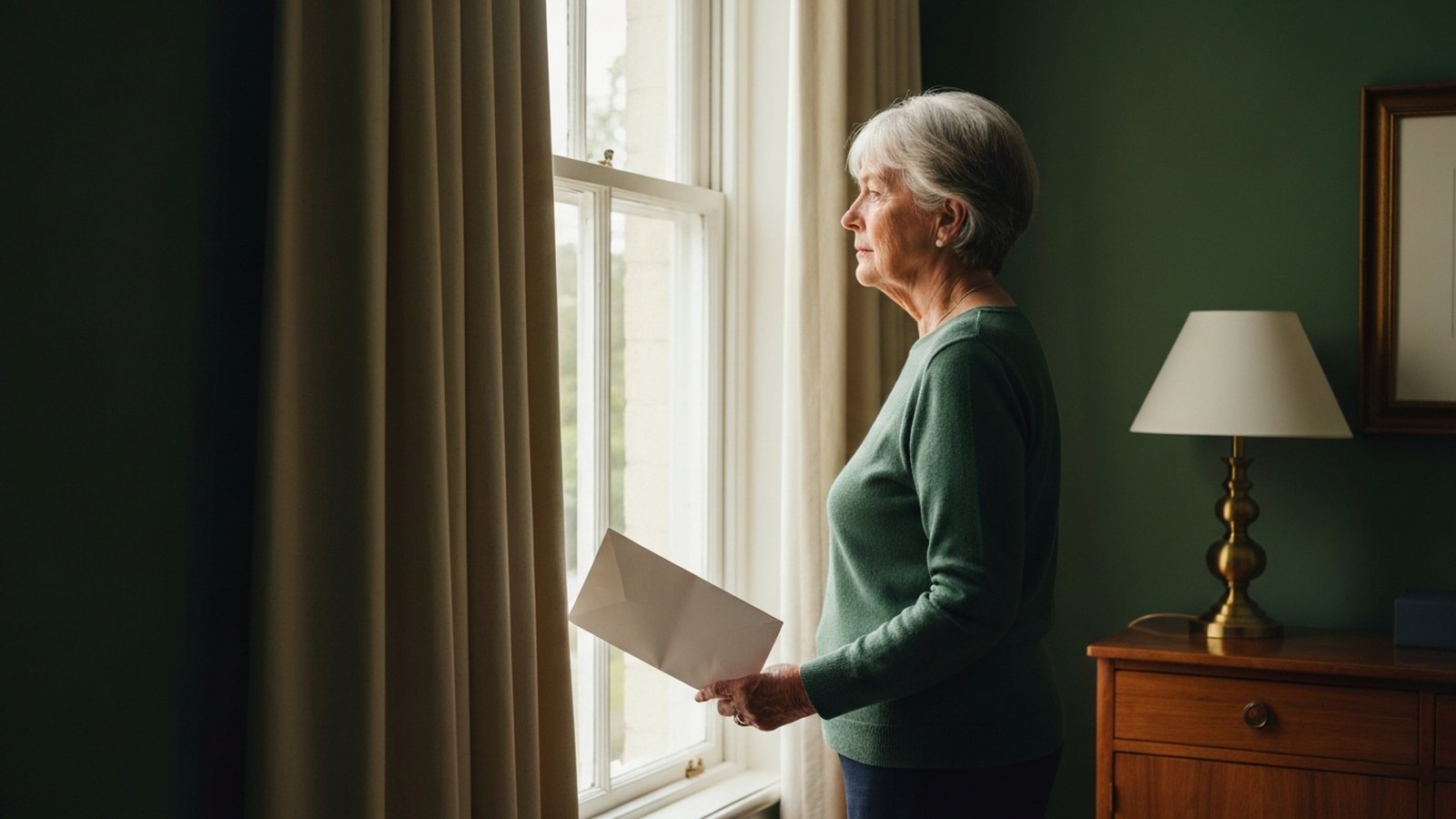 An older woman standing at a window in soft light, holding a folded letter at her side, her face turned away.