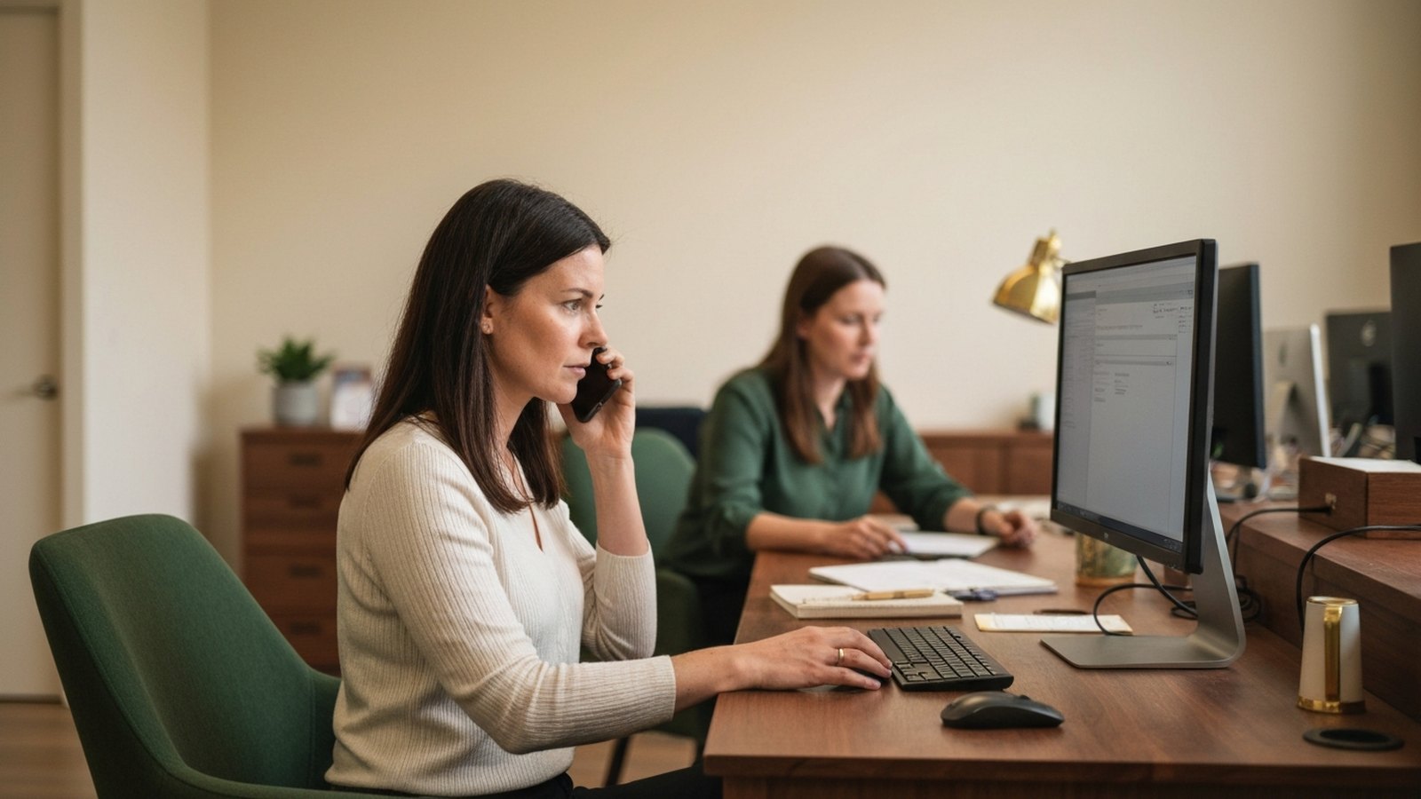 A woman at an office desk turned away from her screen, phone to her ear, a colleague visible out of focus behind her.