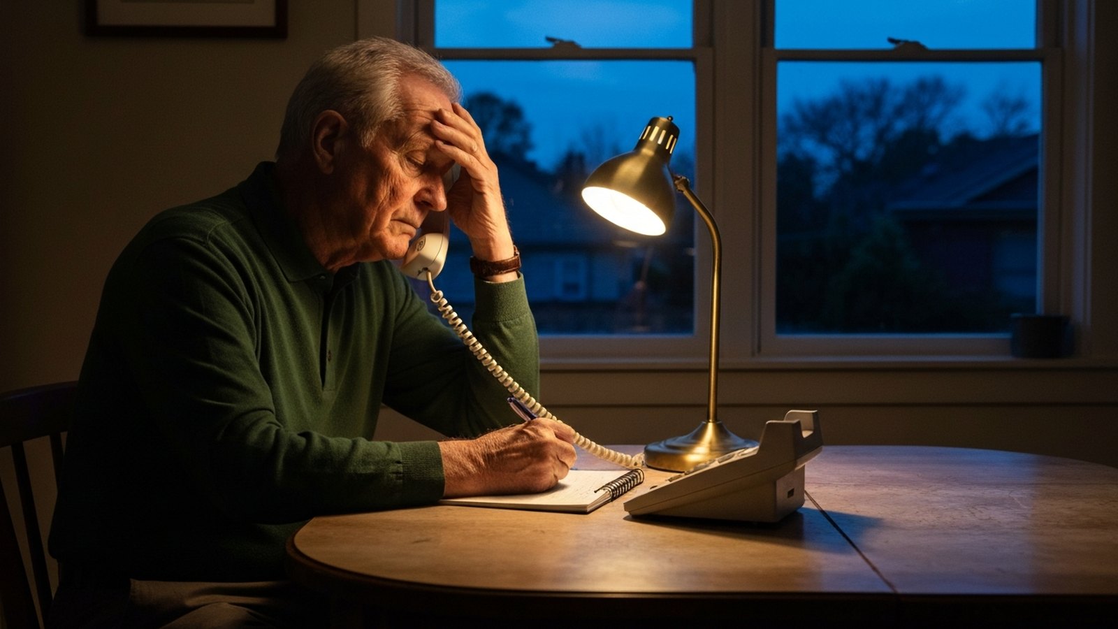 An older man at a kitchen table holding a phone receiver away from his ear, looking weary.