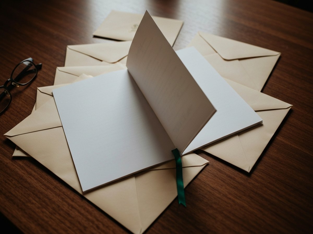 A court summons lying among unopened envelopes on a wooden table.