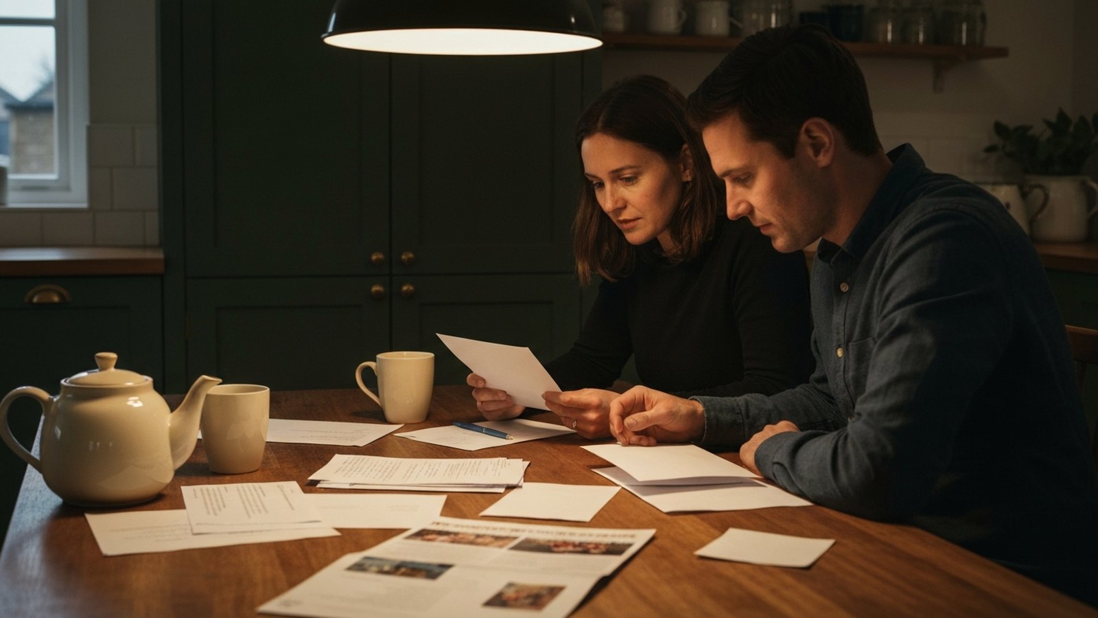 A couple at a kitchen table reviewing bills and an enrollment brochure in the evening.