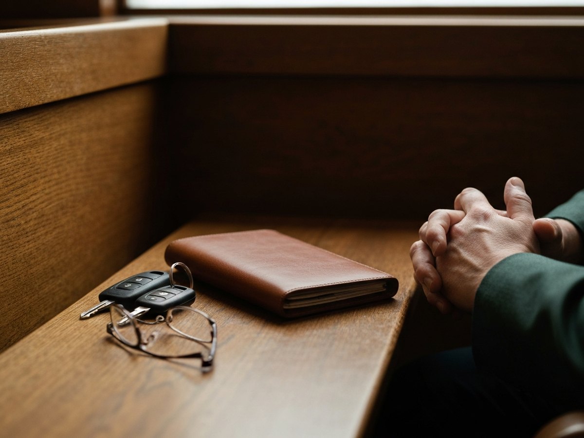 A leather folio, car keys, and a pair of glasses arranged on a courthouse hallway bench beside a person&rsquo;s folded hands.