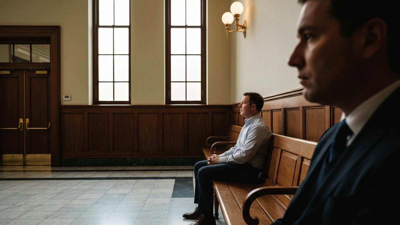 A man in a collared shirt waiting on a wooden bench in a courthouse hallway, hands folded, head turned toward tall windows.