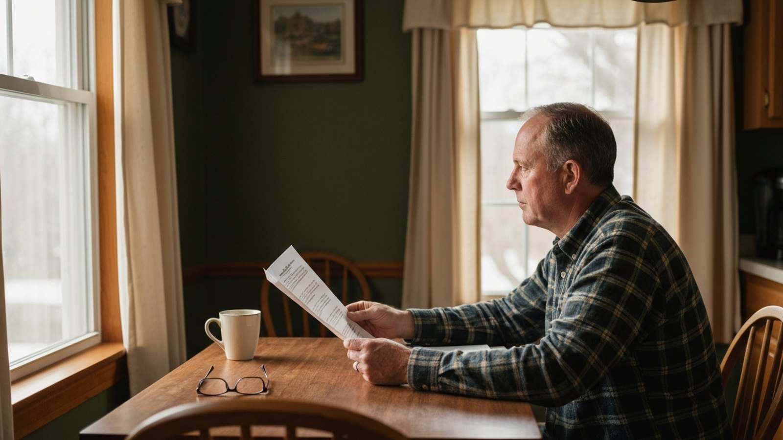 A man at a kitchen table in the early morning reading a court paper, coffee untouched beside him.