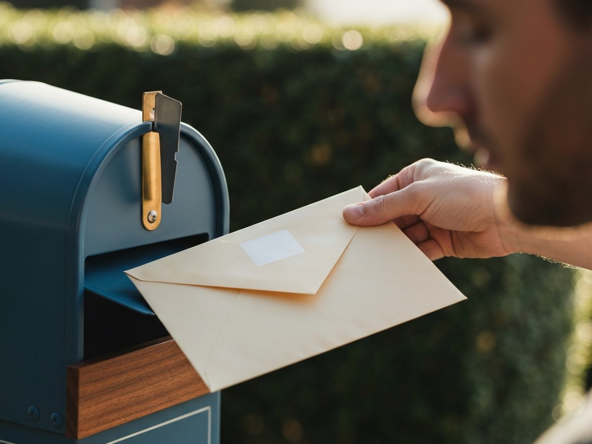 A hand placing a sealed dispute letter into a mailbox with the flag raised.
