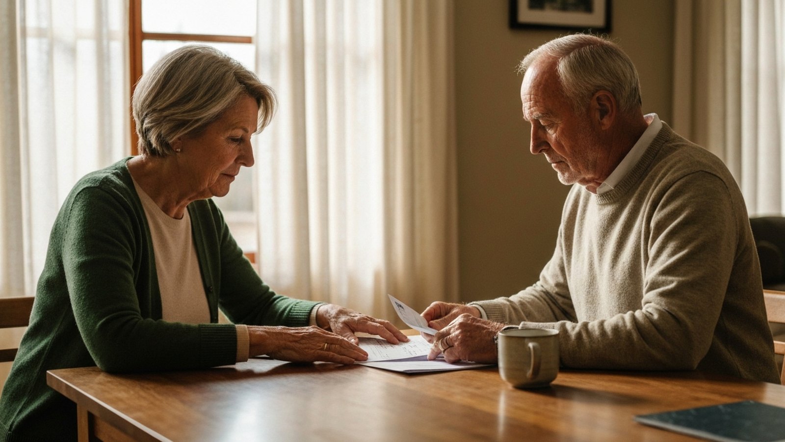 An older couple at a kitchen table in morning light, sorting mail and papers together.