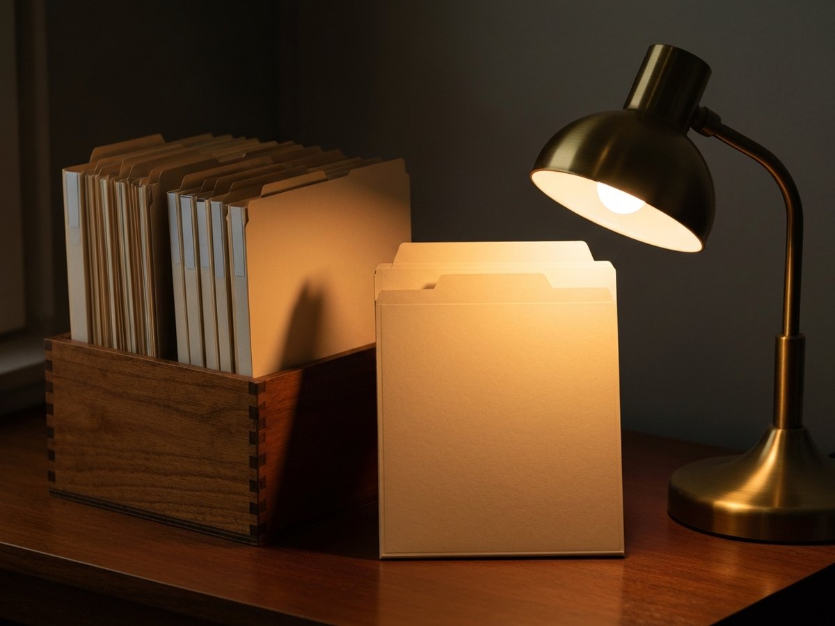 A wooden file box of folders beside a brass desk lamp, one folder pulled slightly forward from the rest.