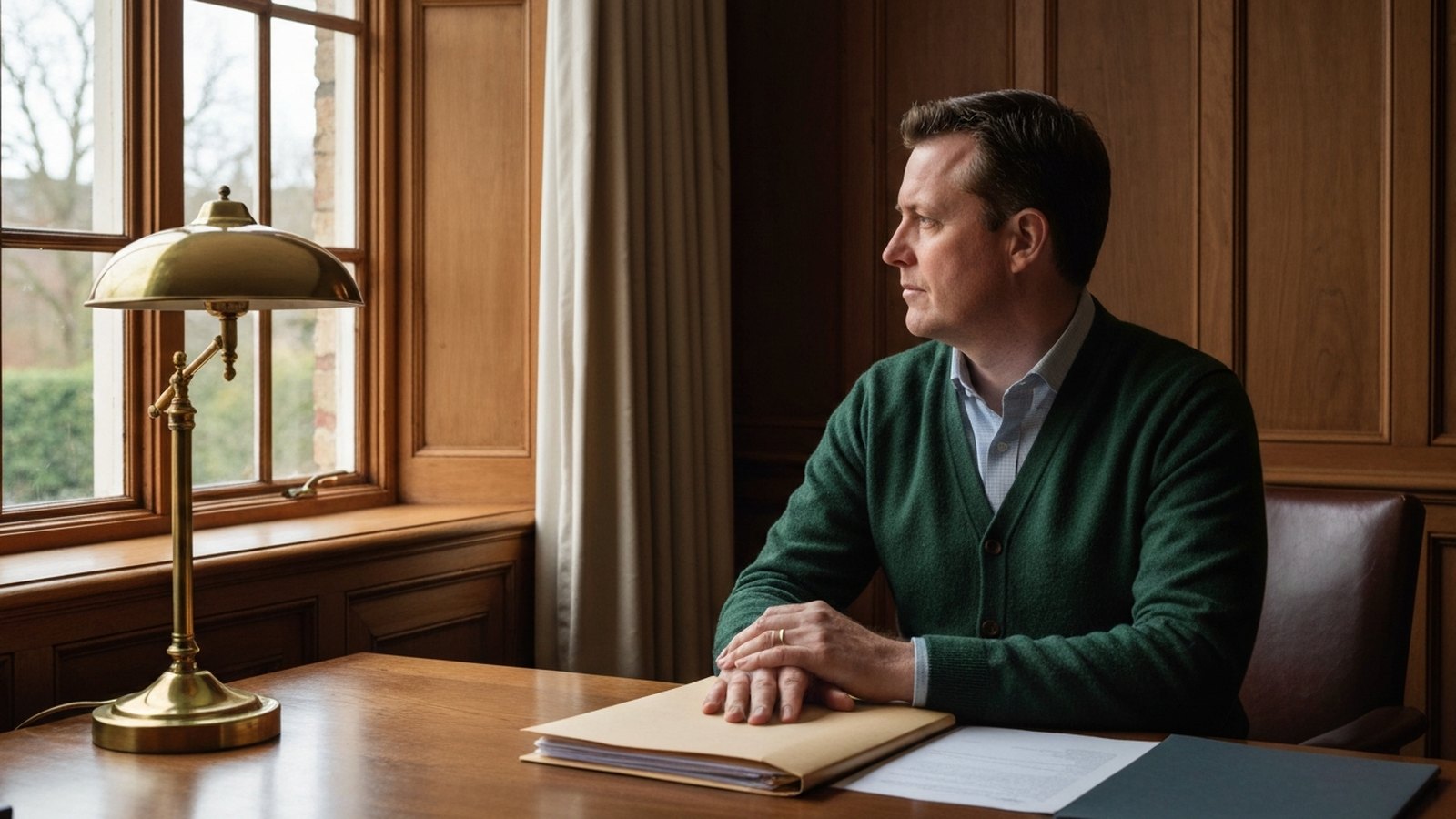 A man in a cardigan seated at a desk by a tall window, hands folded over a closed folder, looking out in thought.