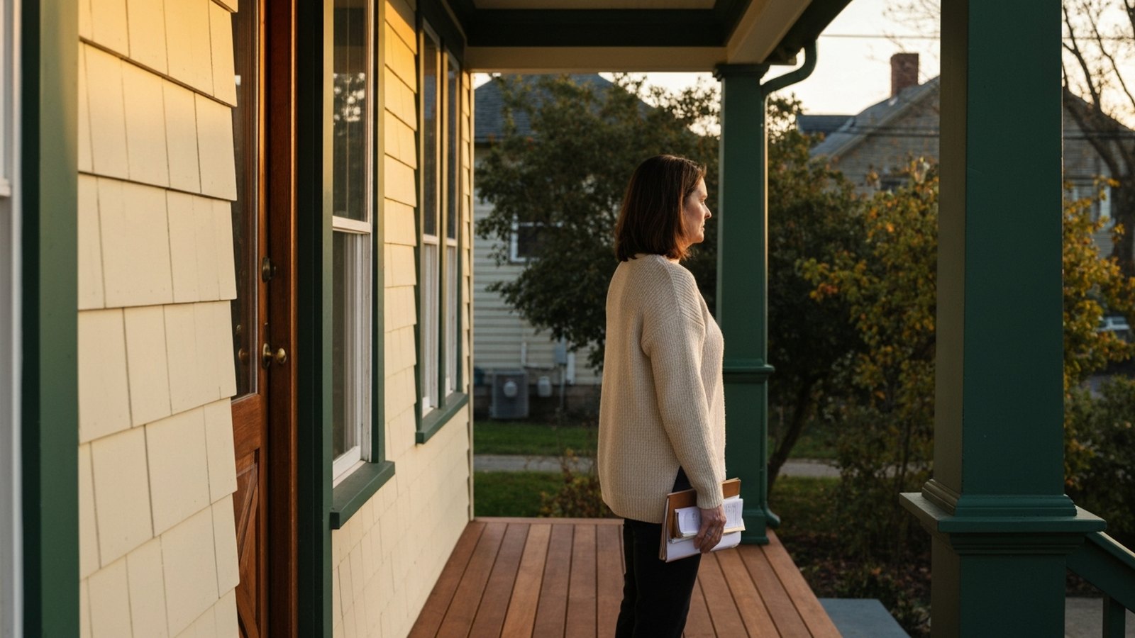 A woman on her front porch in the early evening, holding papers and looking out toward the yard.