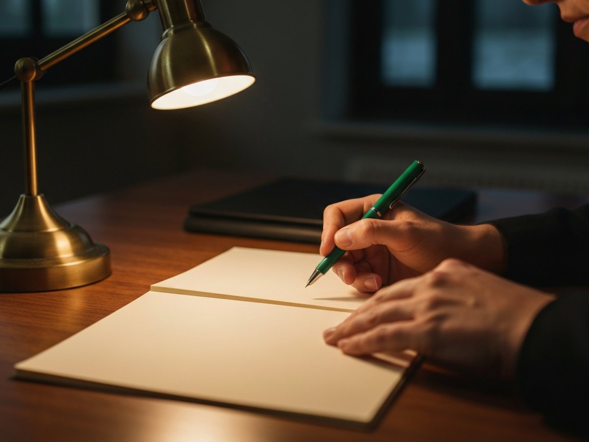 A close view of hands holding a pen over blank pages on a walnut desk, a brass lamp glowing beside them.