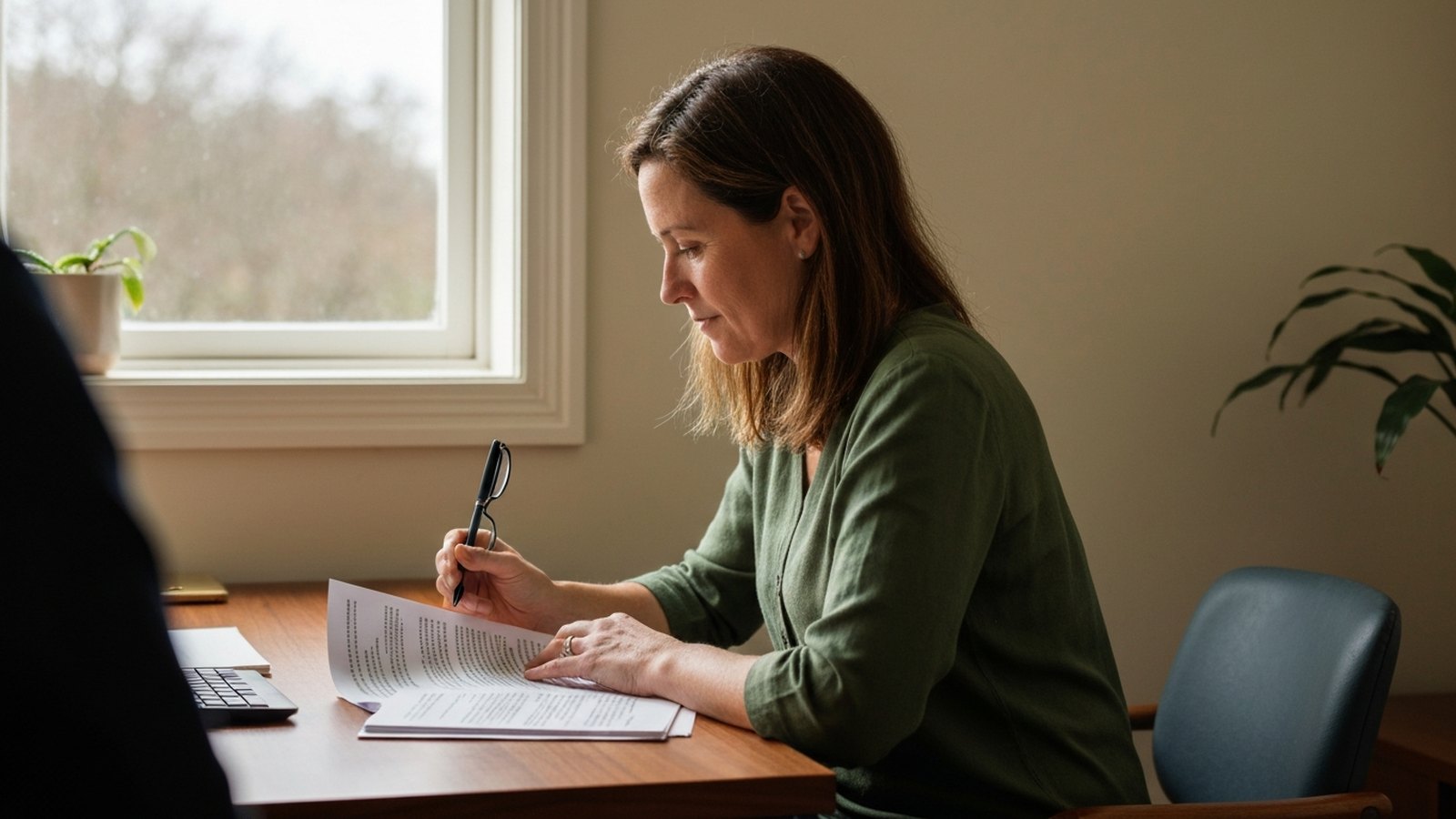 A woman at a desk by a window, reading glasses in hand, working through a stack of printed pages with a pen.