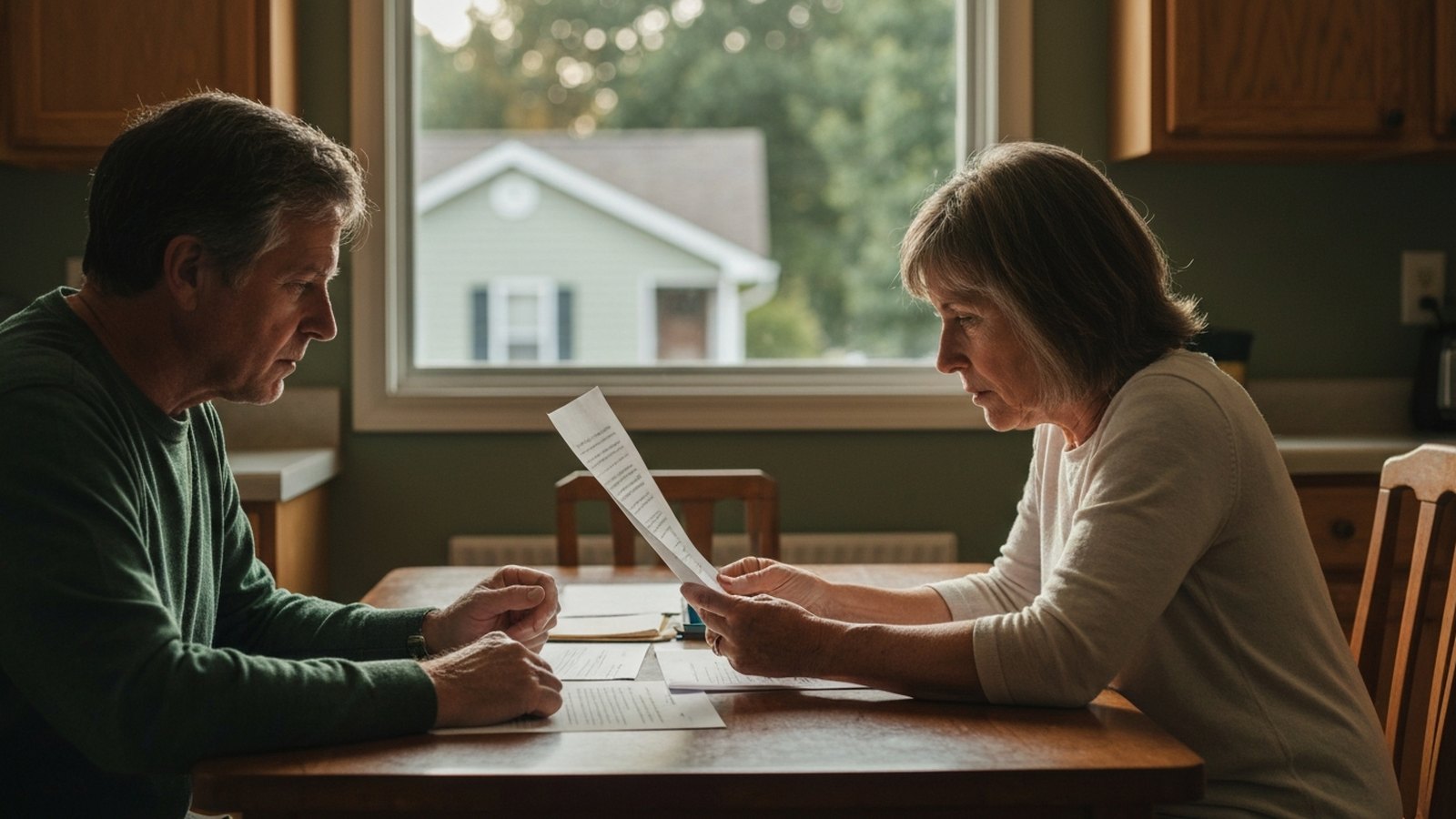 A couple at a kitchen table reviewing paperwork together, a modest home visible through the window behind them.