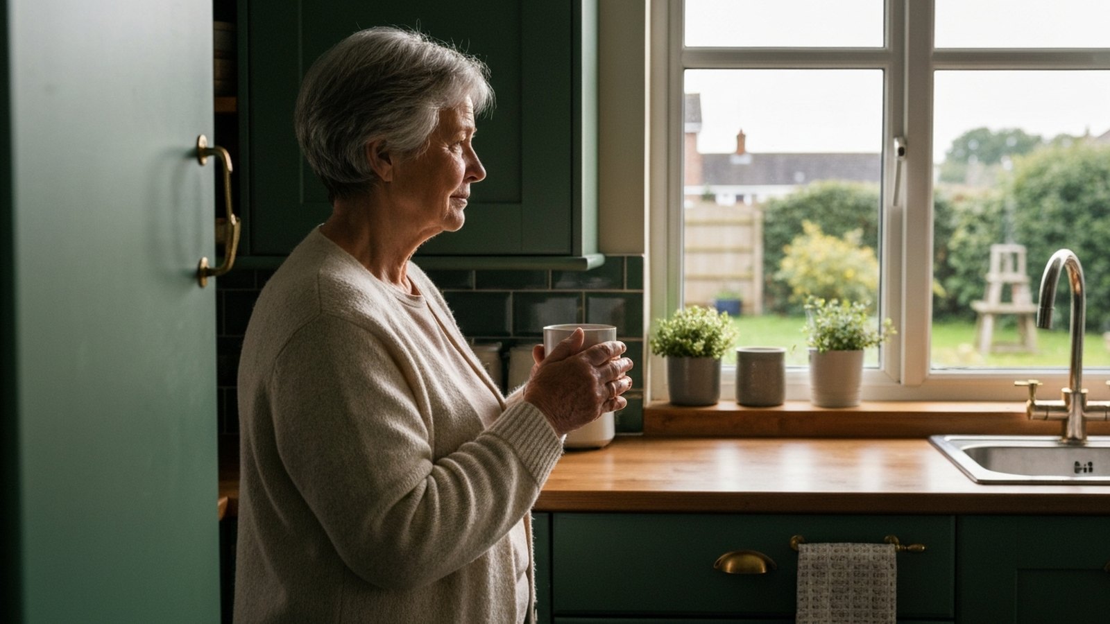 An older woman at her kitchen window holding a coffee mug, morning light across a quiet, modest home.