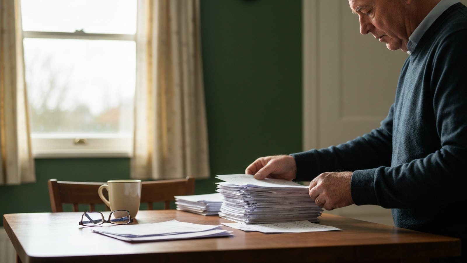 A man at a kitchen table sorting a thick stack of medical bills and insurance statements into piles.