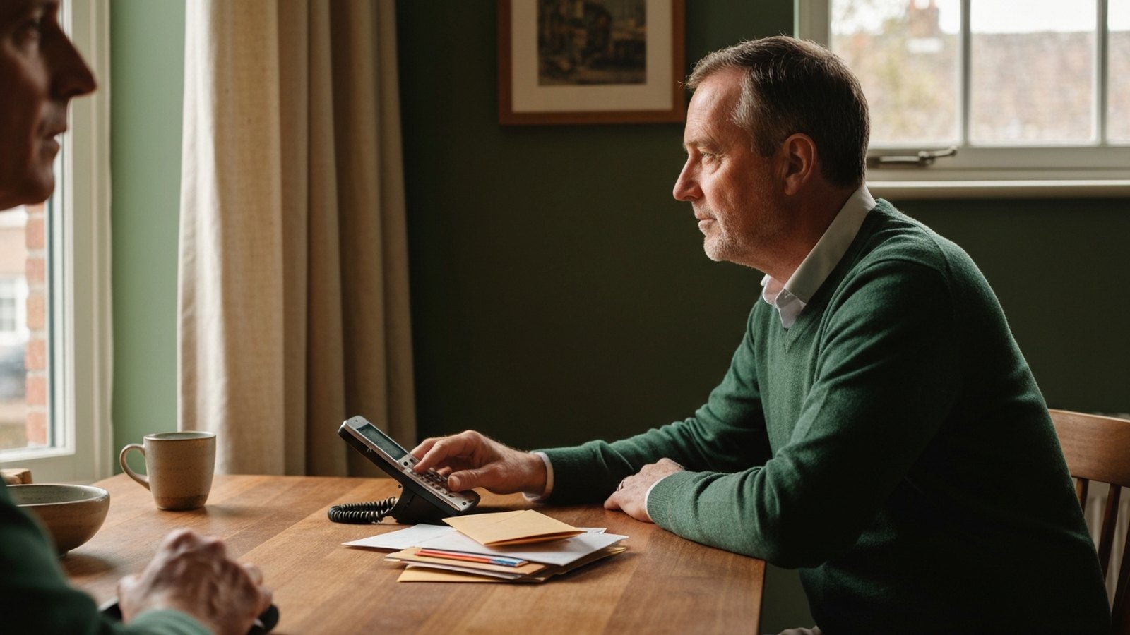 A man at a kitchen table weighing a phone call against a stack of collection letters.