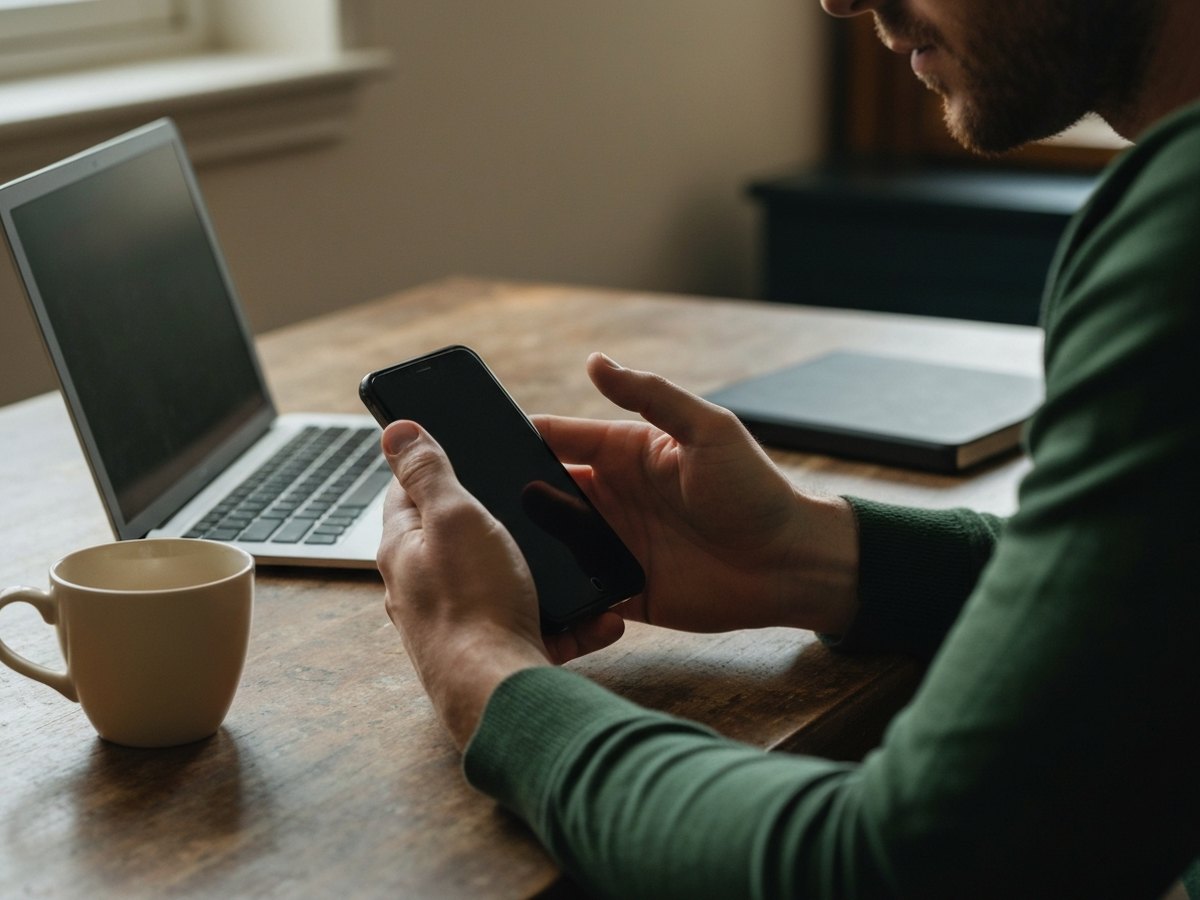 A man&rsquo;s hands holding a smartphone over a kitchen table, a closed laptop and coffee cup beside him.