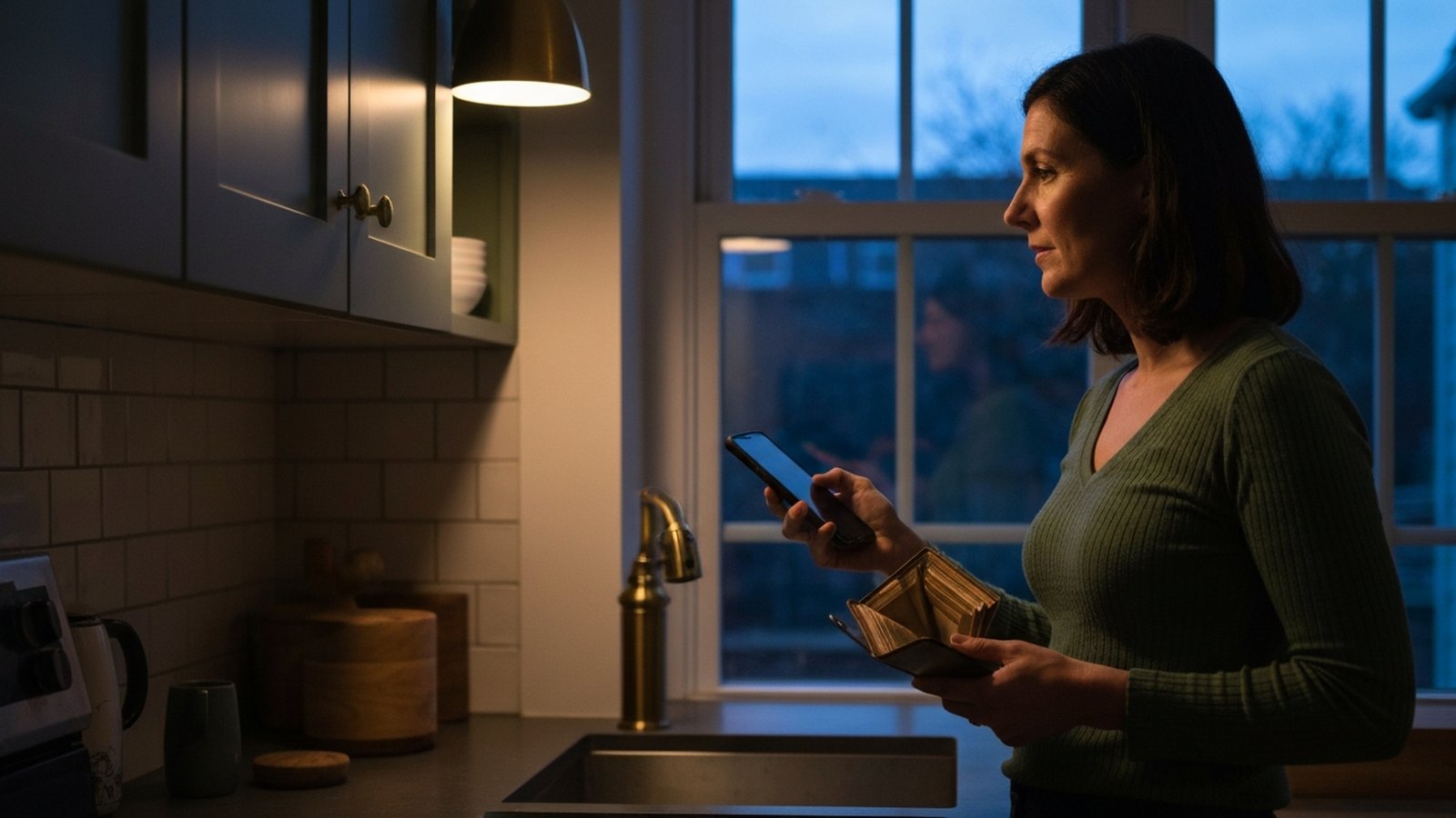 A woman at a kitchen window holding her phone in one hand and her open wallet in the other, weighing a decision.