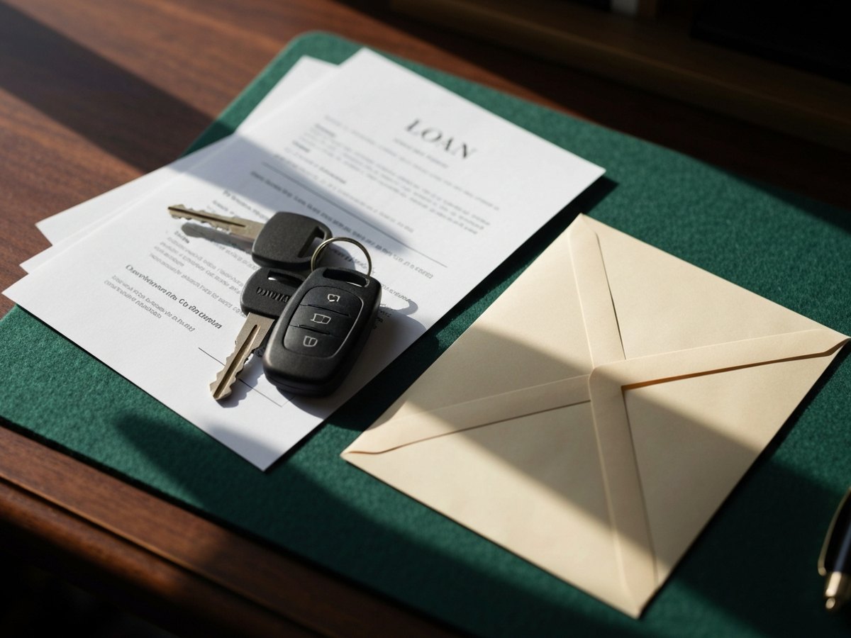 A set of car keys resting on top of folded loan documents and an unopened envelope on a wooden desk.