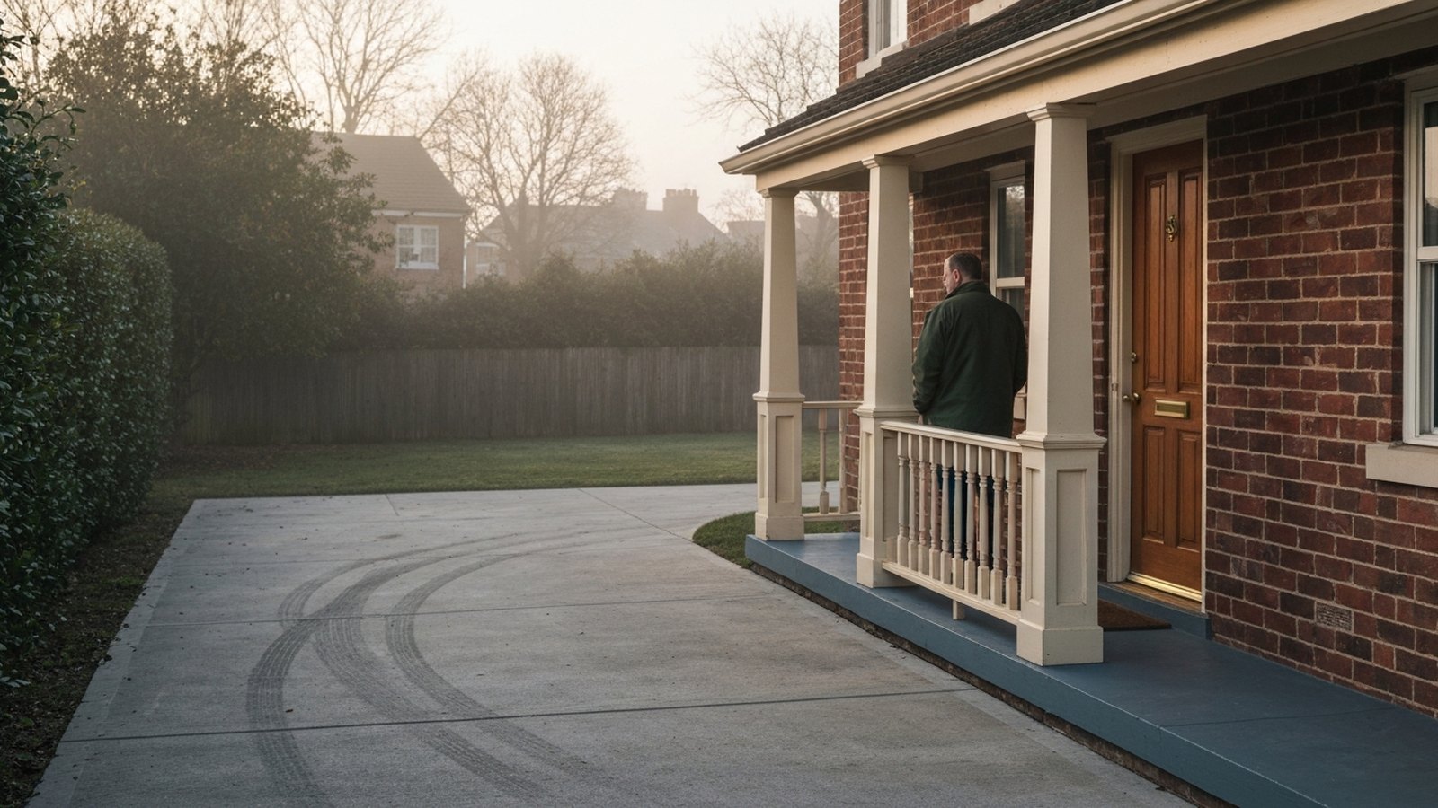 An empty driveway beside a brick house at dawn, with a man looking out from the front porch.