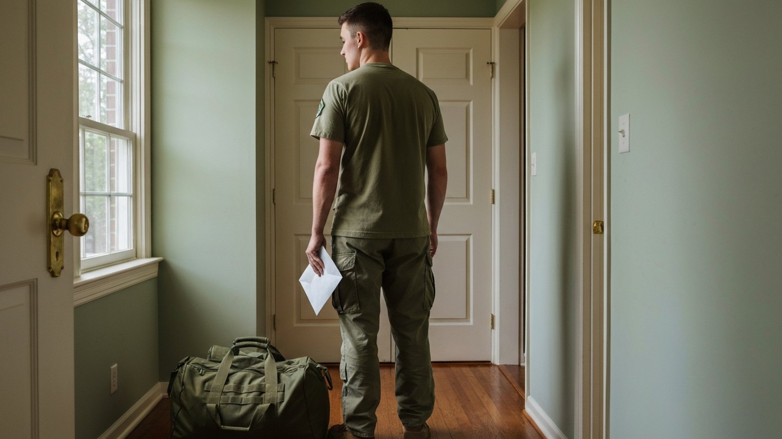 A young servicemember in a plain duffel-packed hallway at home, seen from behind, holding an opened envelope.