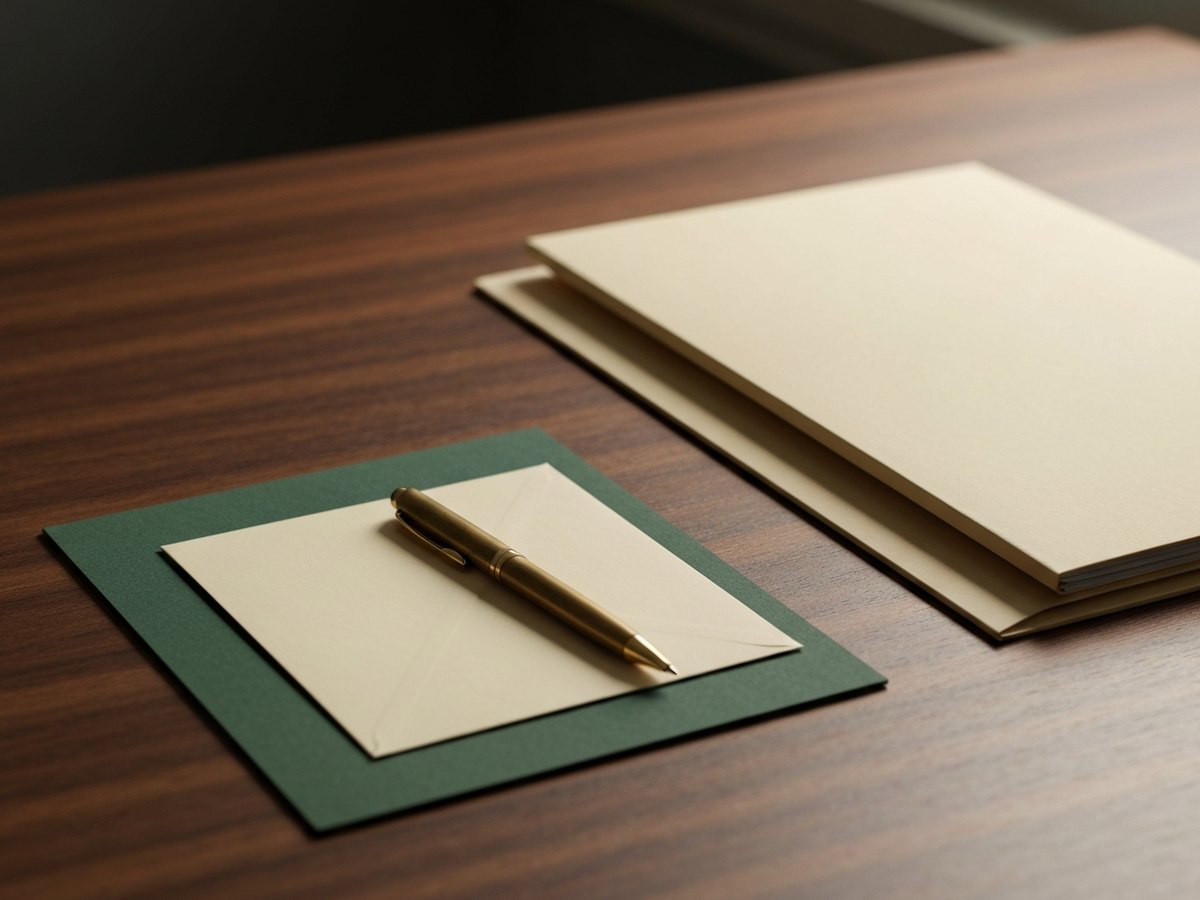 A certified-mail envelope and a pen resting on a wooden desk beside a closed folder.