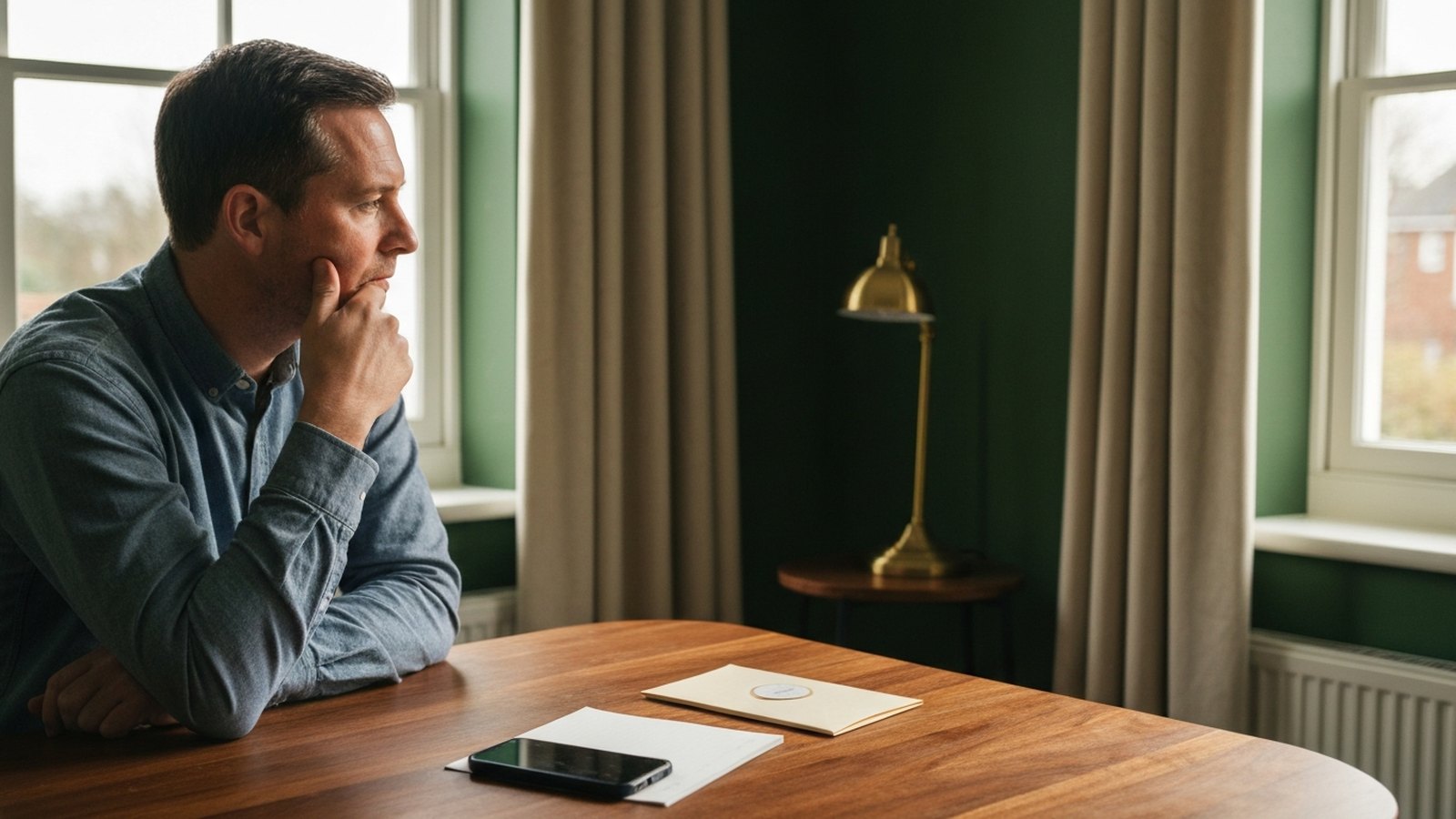 A man at a kitchen table with a phone face-down beside a notepad and a sealed envelope, pausing before making a call.