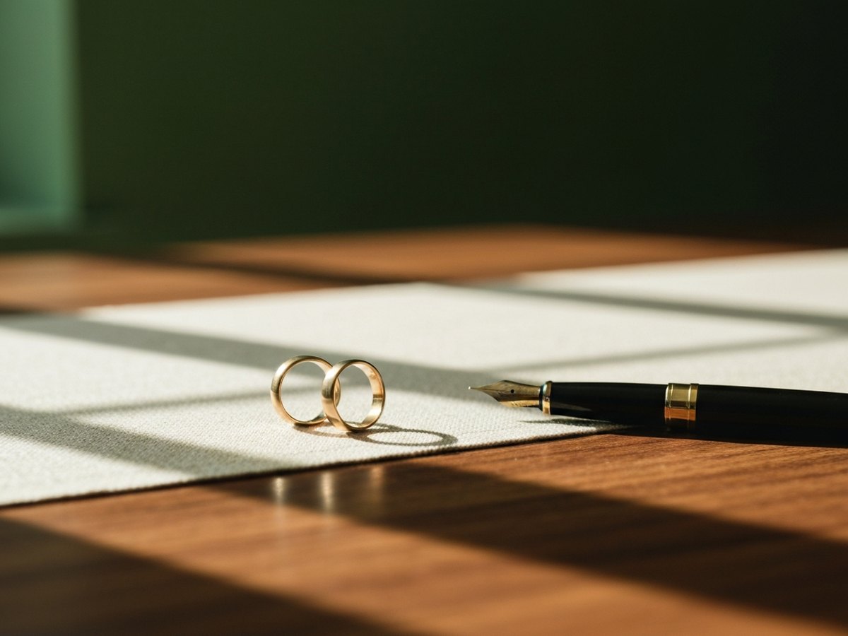 Two wedding bands resting on a wooden table beside a single pen, in warm window light.