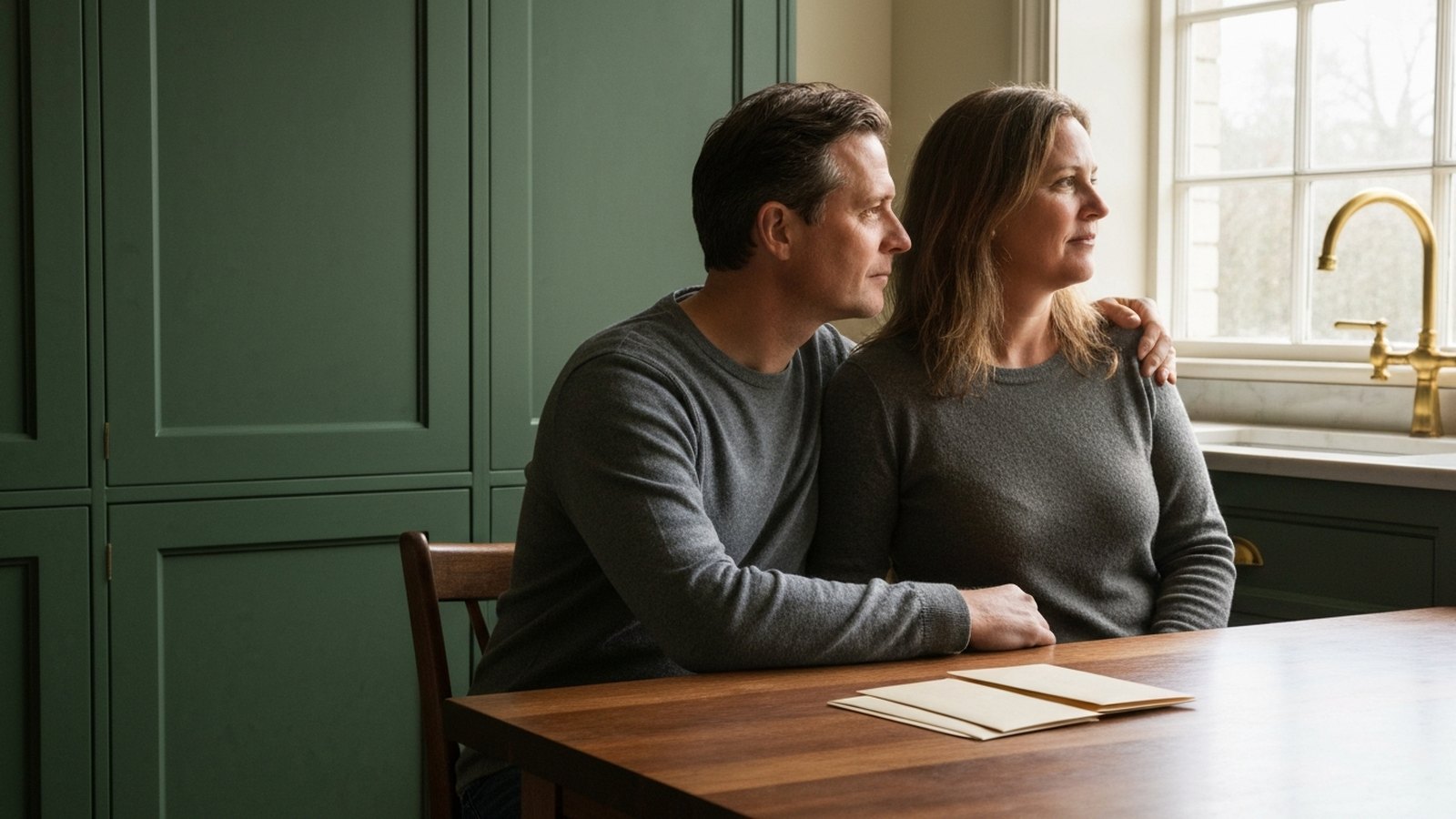 A married couple sitting together at a kitchen table, one resting a hand on the other's shoulder, with a small stack of unopened mail between them.