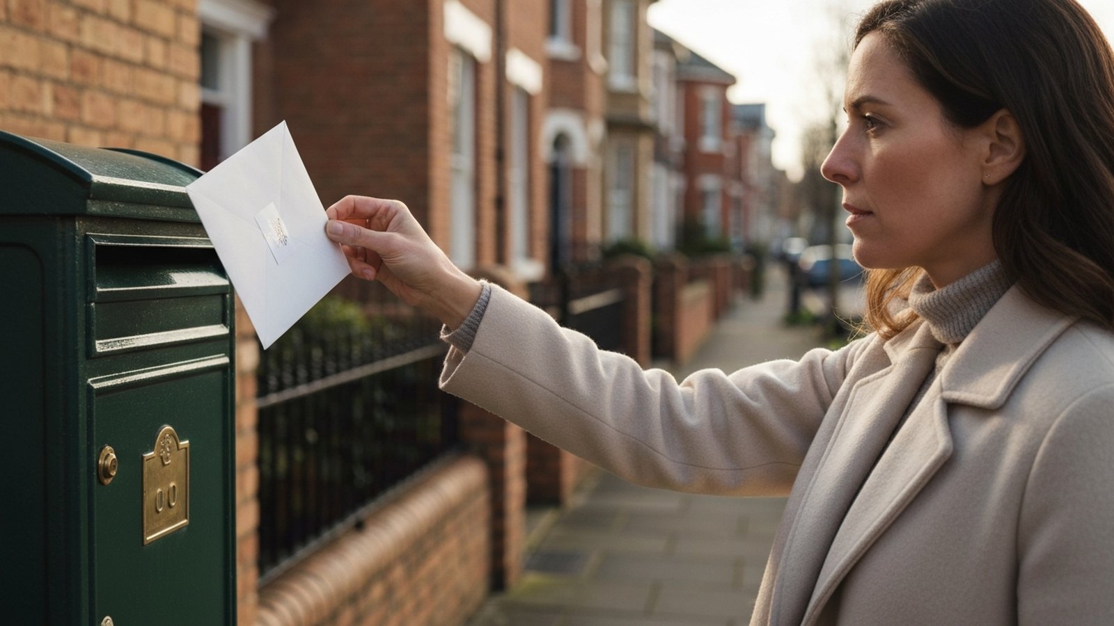 A woman dropping a certified-mail envelope into a blue mailbox on a quiet residential street in morning light.