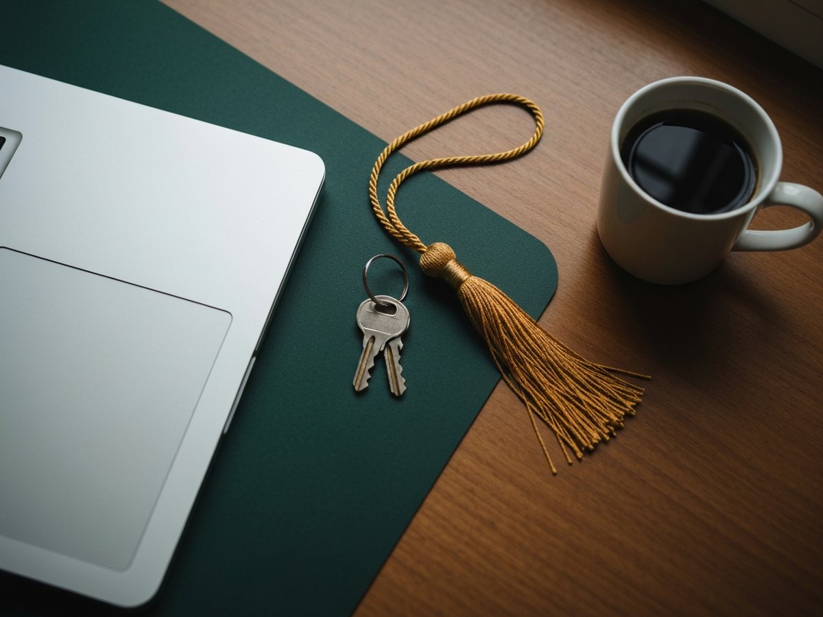 A graduation tassel and a set of keys lying on a wooden desk beside a closed laptop and a cup of coffee.