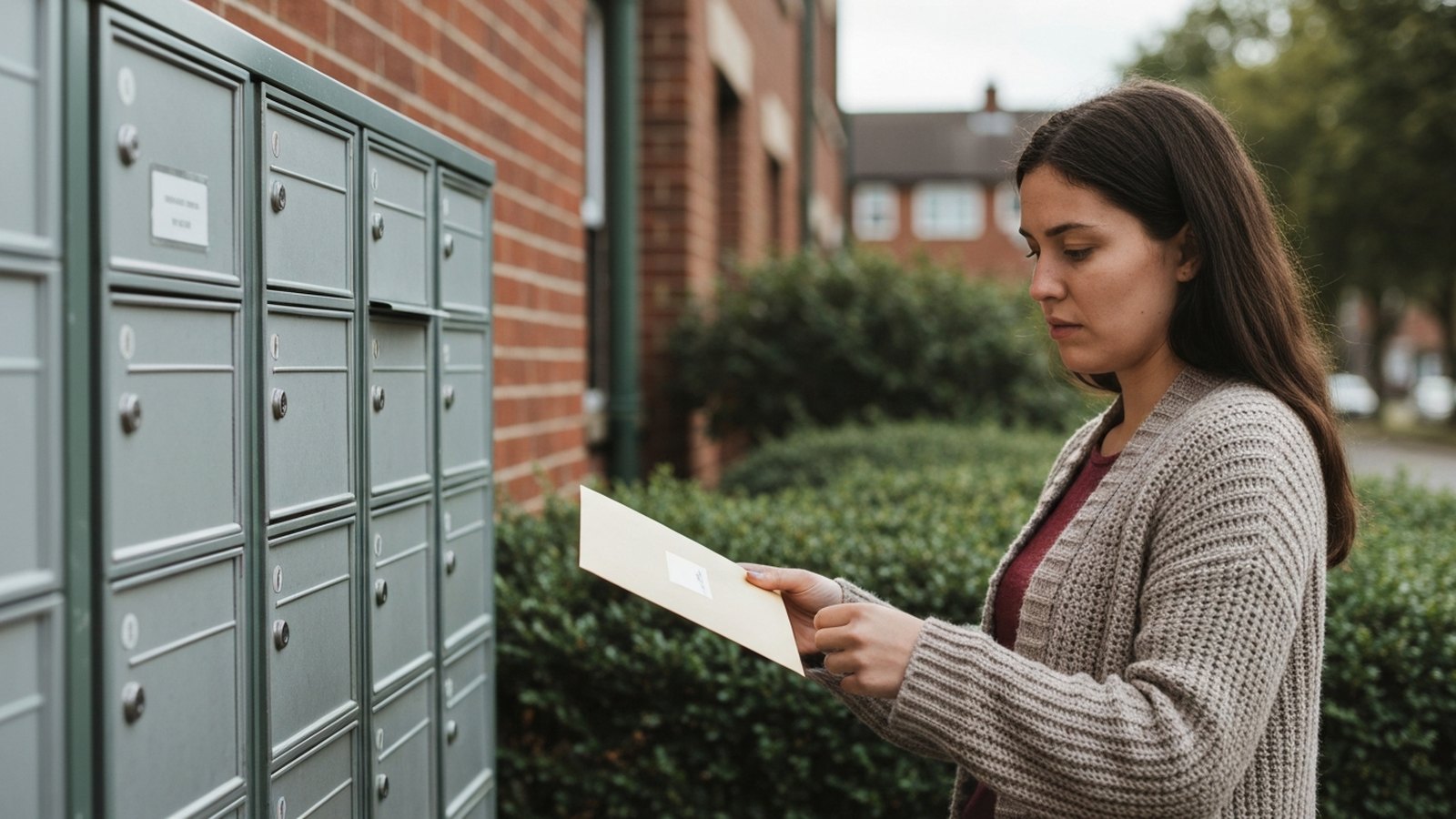 A young woman in a cardigan standing at a row of mailboxes outside an apartment building, holding an unopened envelope.