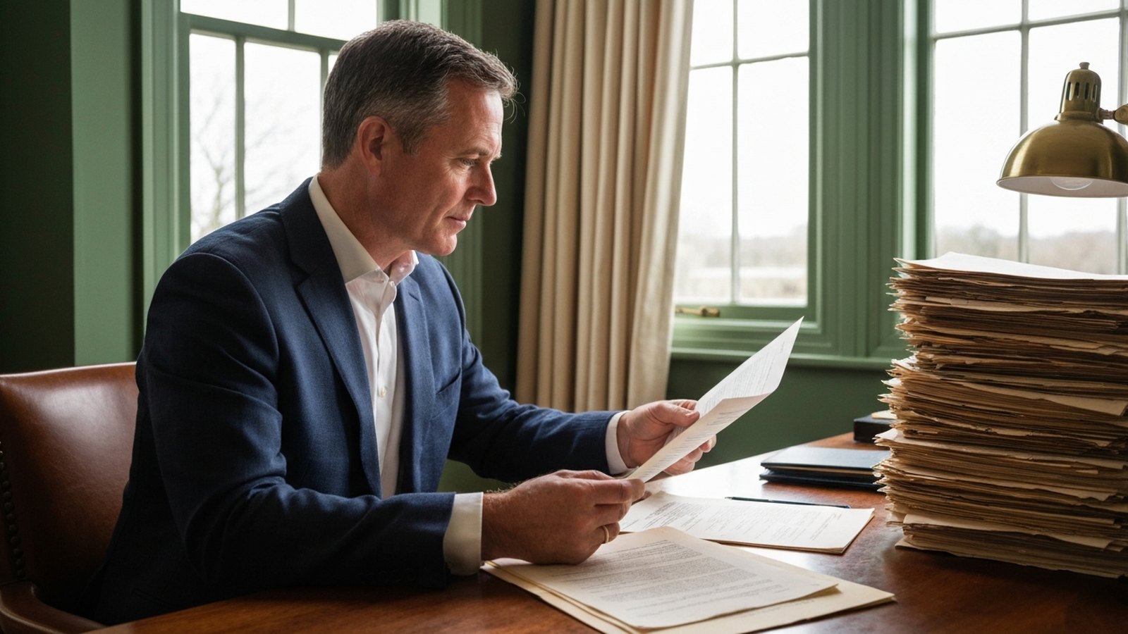 A man at a desk by a window comparing a court summons against a stack of old account statements.