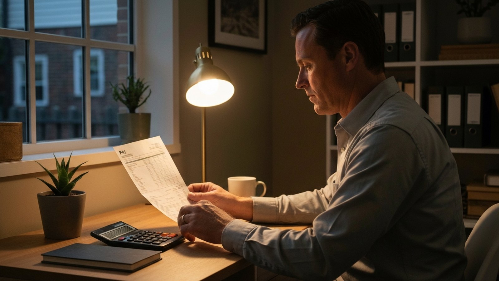 A man at a home desk in the evening reviewing a pay statement with a calculator.